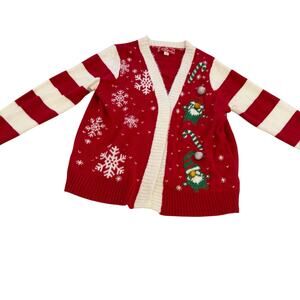Ugly Christmas sweater striped slvs fuzzy gnomes acrylic soft festive holiday L